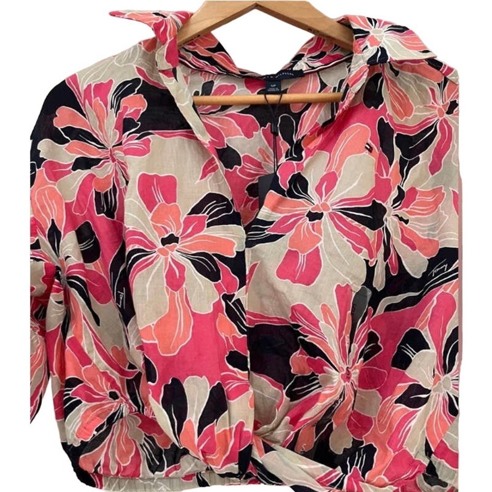Tommy Hilfiger Floral Shirt Womens Large Pink Black Coral Cotton 3/4 Sleeve Top